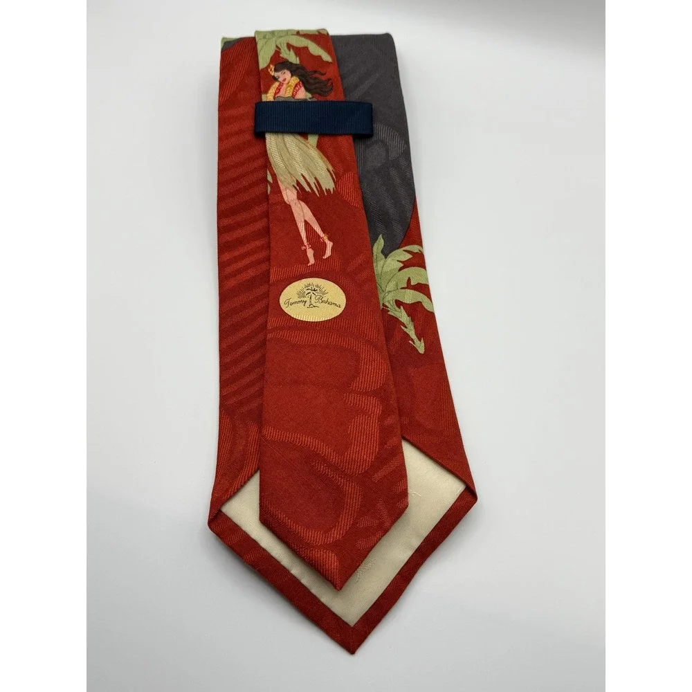 Tommy Bahama Silk Tie OS Red Hula Girl Ukulele Tropical Tiki Hawaiian Retro Palm